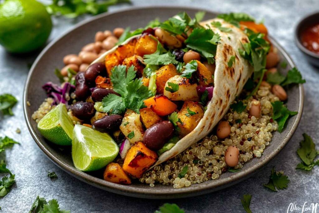 A healthy burrito filled with quinoa, beans, and vegetables.