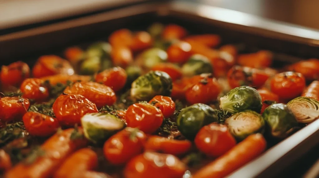 Roasted carrots, brussels sprouts, and cherry tomatoes on a baking tray.