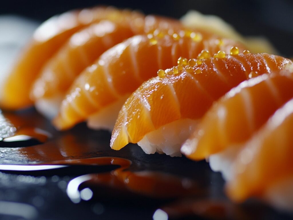 Close-up of salmon nigiri sushi served with soy sauce and wasabi.