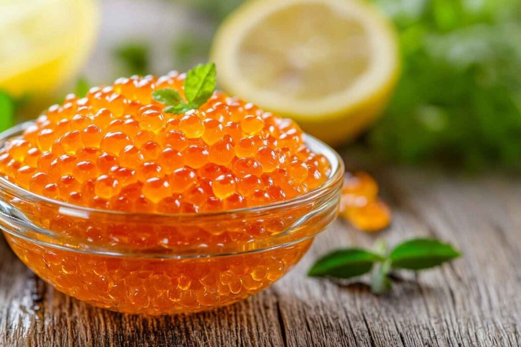 Close-up of orange salmon roe in a bowl on a rustic table