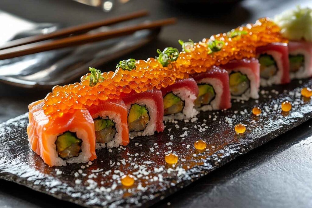Sushi platter featuring salmon roe on a black slate plate with chopsticks.