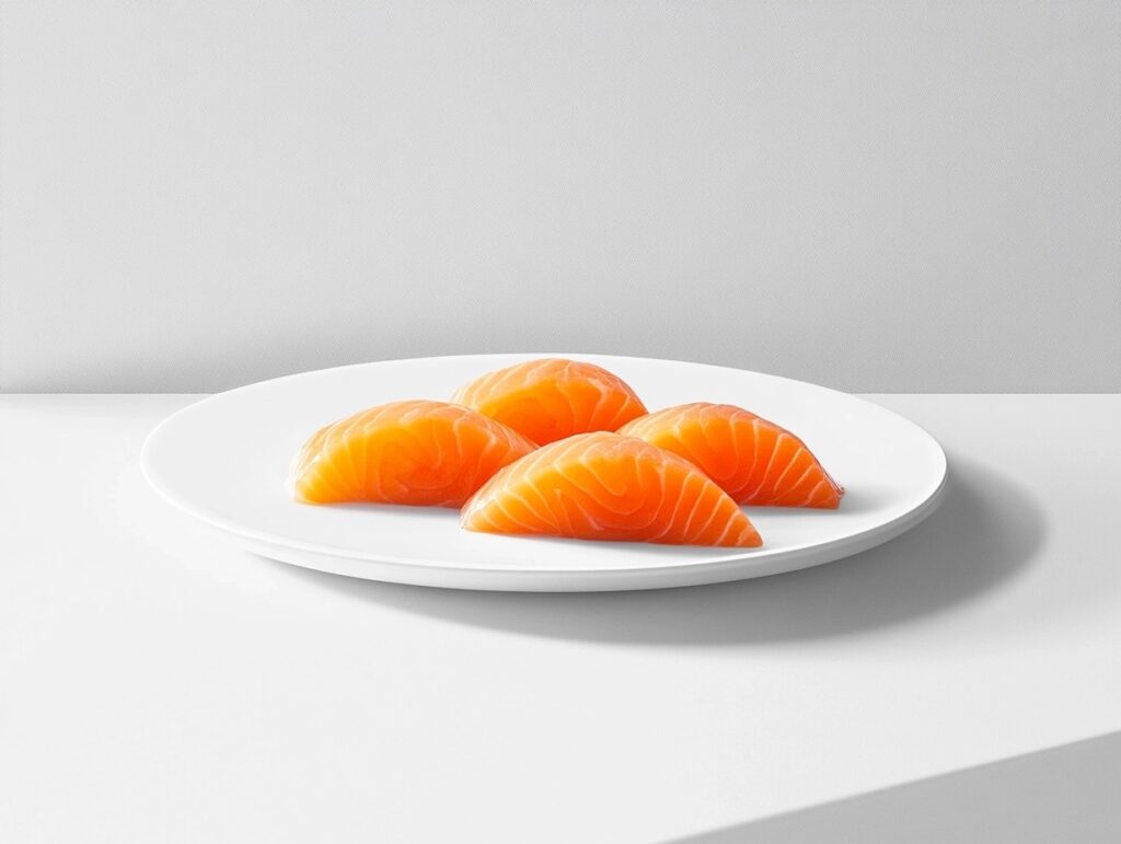 Fresh salmon sashimi slices on a white plate, showcasing their bright orange color and nutritional value.