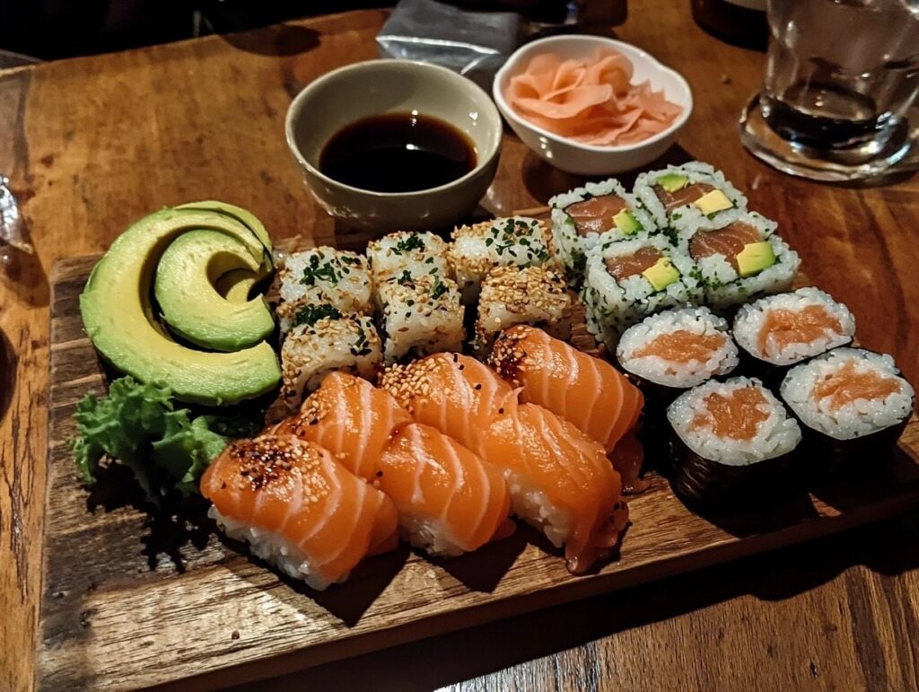 A sushi platter with salmon sashimi, maki rolls, and miso soup