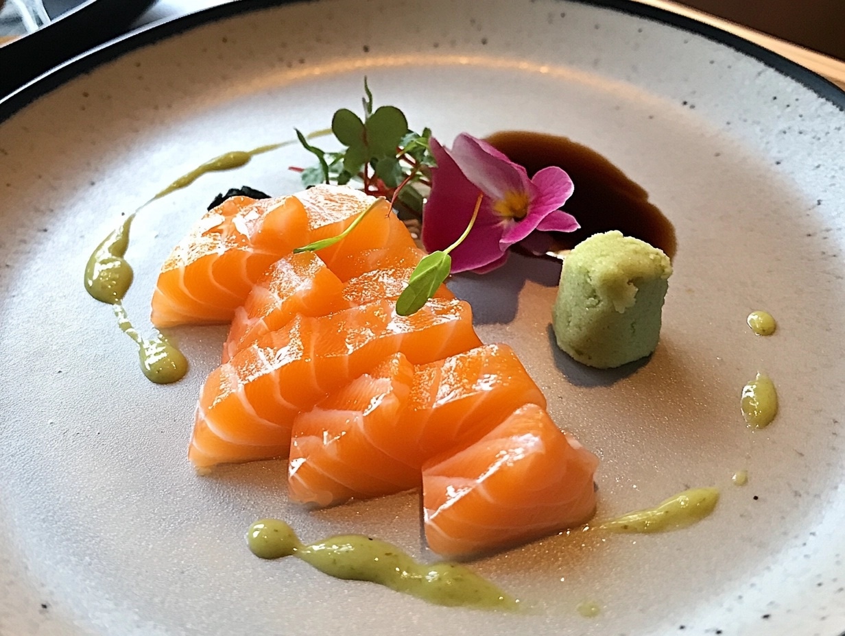 A plate of salmon sashimi with soy sauce and wasabi