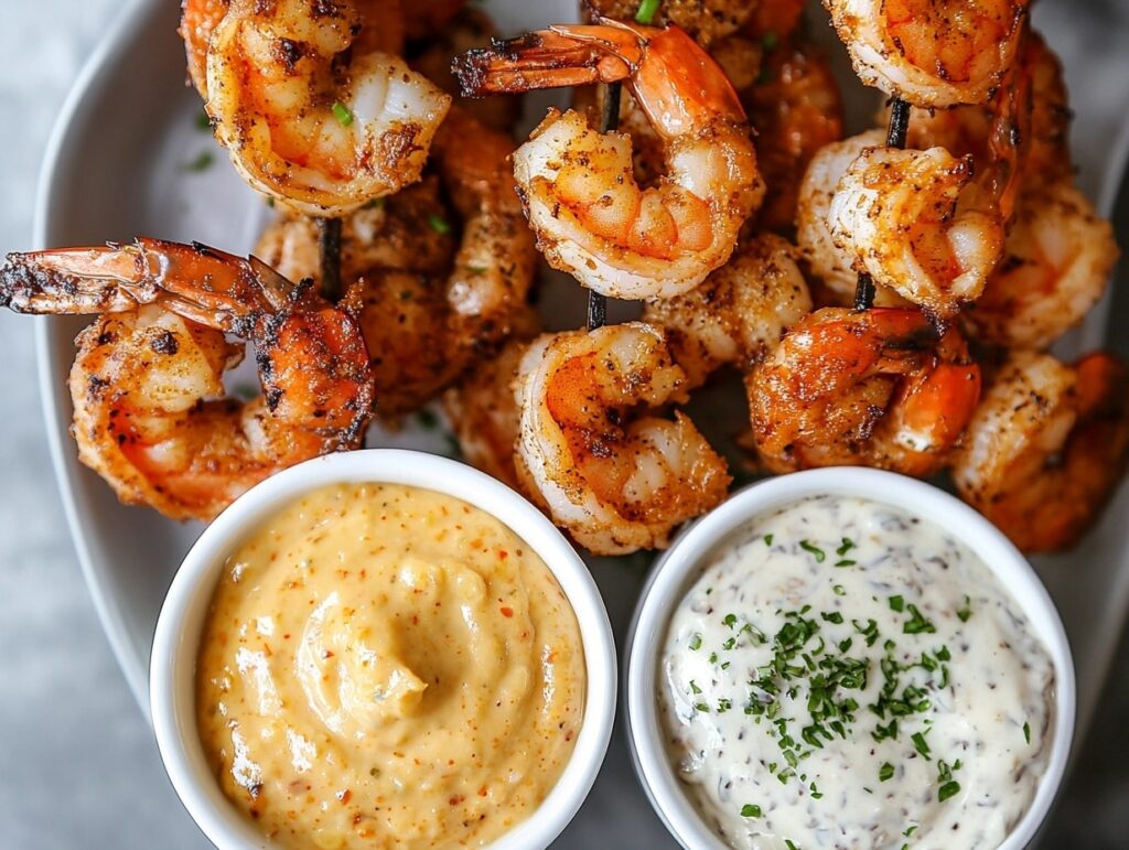 Dipping sauces for Cajun shrimp skewers, including remoulade, aioli, and cocktail sauce