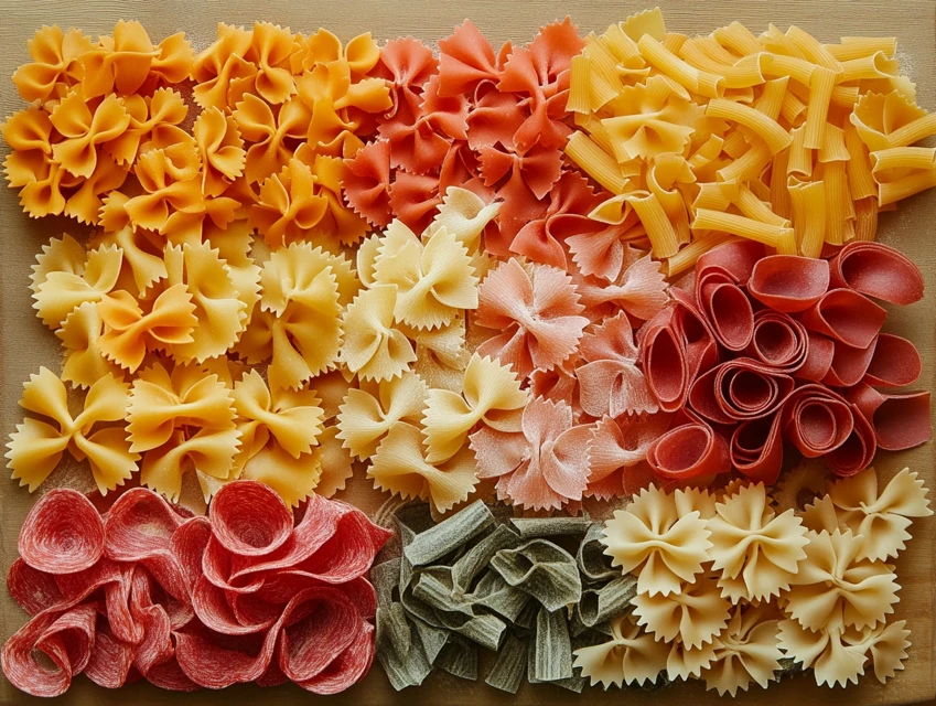 Uncooked penne, rigatoni, and farfalle arranged on a wooden board