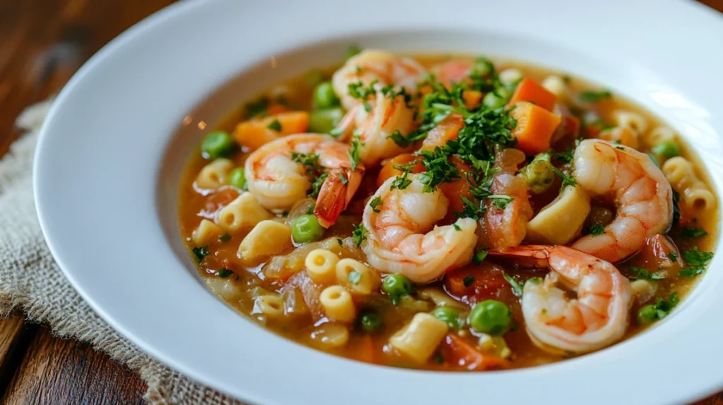 Shrimp pasta soup with vegetables and broth in a white bowl on a rustic table.