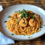 Shrimp pasta with linguine garnished with parsley on a rustic wooden table