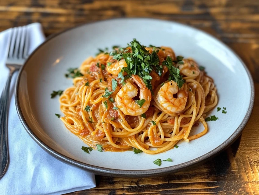 Shrimp pasta with linguine garnished with parsley on a rustic wooden table