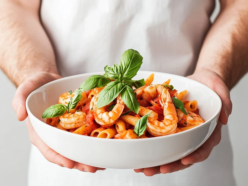 Shrimp scampi with linguine topped with garlic butter sauce and parsley