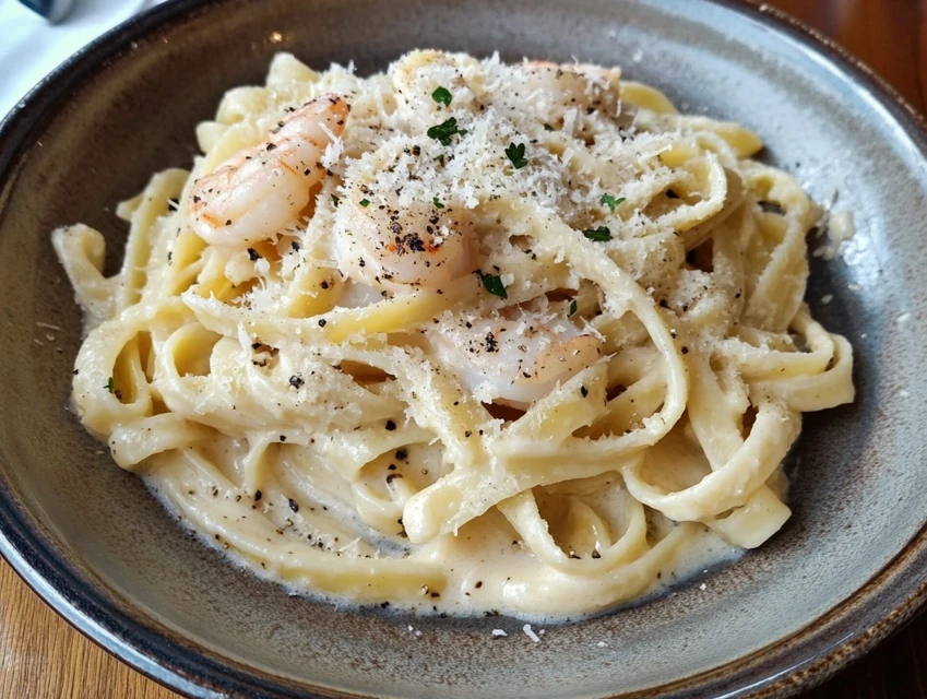 Spicy shrimp penne in tomato sauce with basil garnish