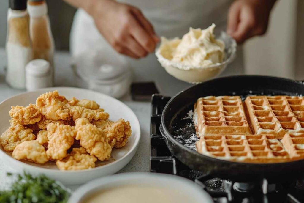 Step-by-step process of frying chicken, preparing batter, and using a waffle iron.