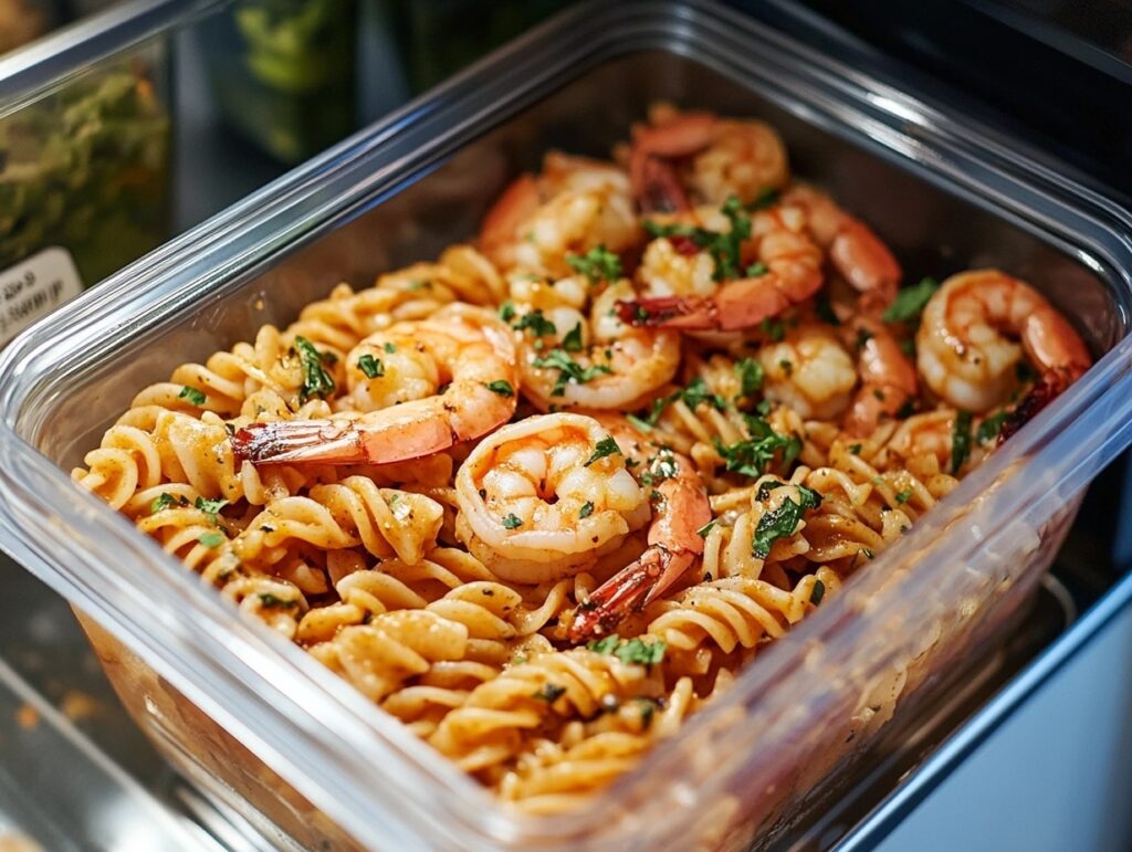 Leftover Cajun shrimp pasta stored in an airtight container