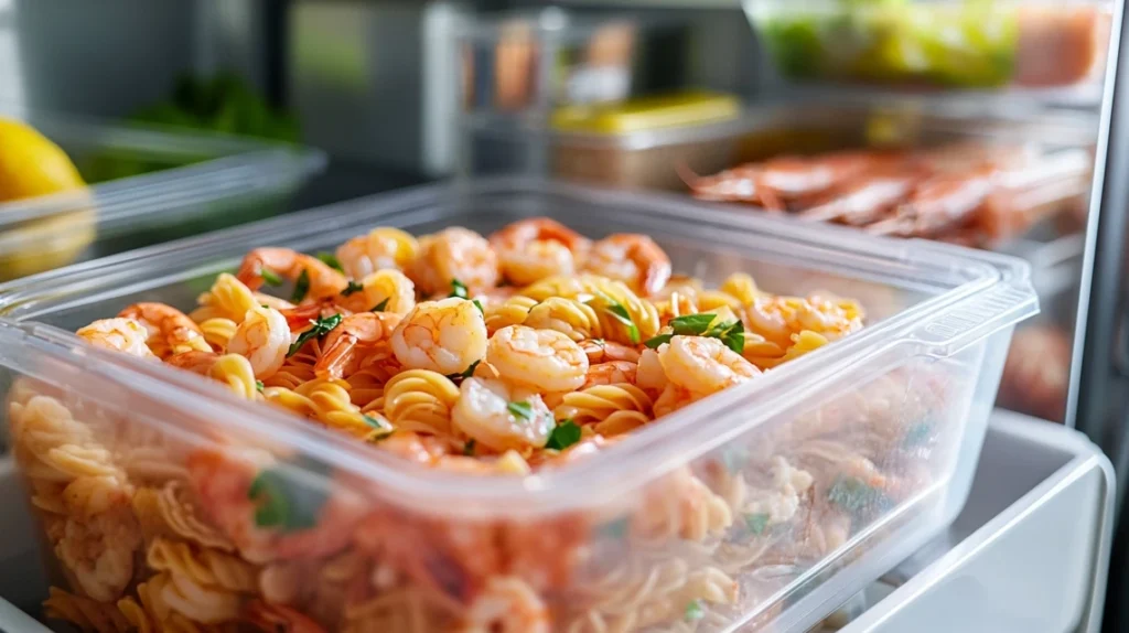 Airtight container with shrimp pasta stored in a refrigerator