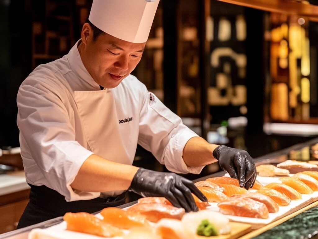 A sushi chef carefully preparing salmon nigiri, highlighting the artistry and skill of sushi making