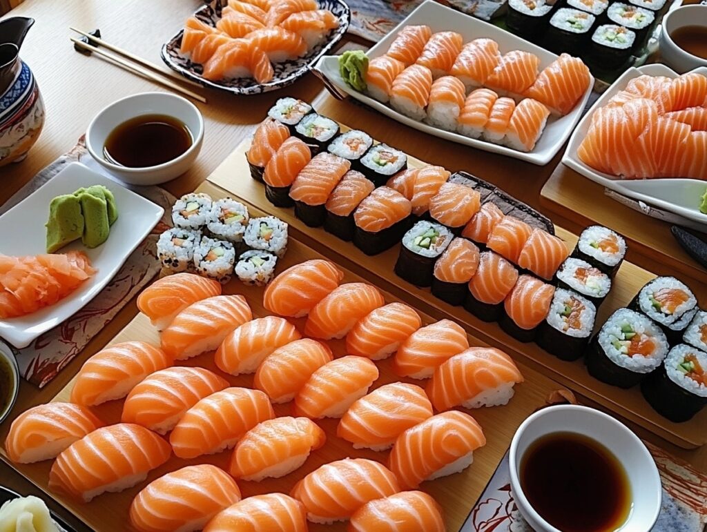 A table filled with various salmon sushi dishes, soy sauce bowls, and tea for an ultimate sushi dining experience