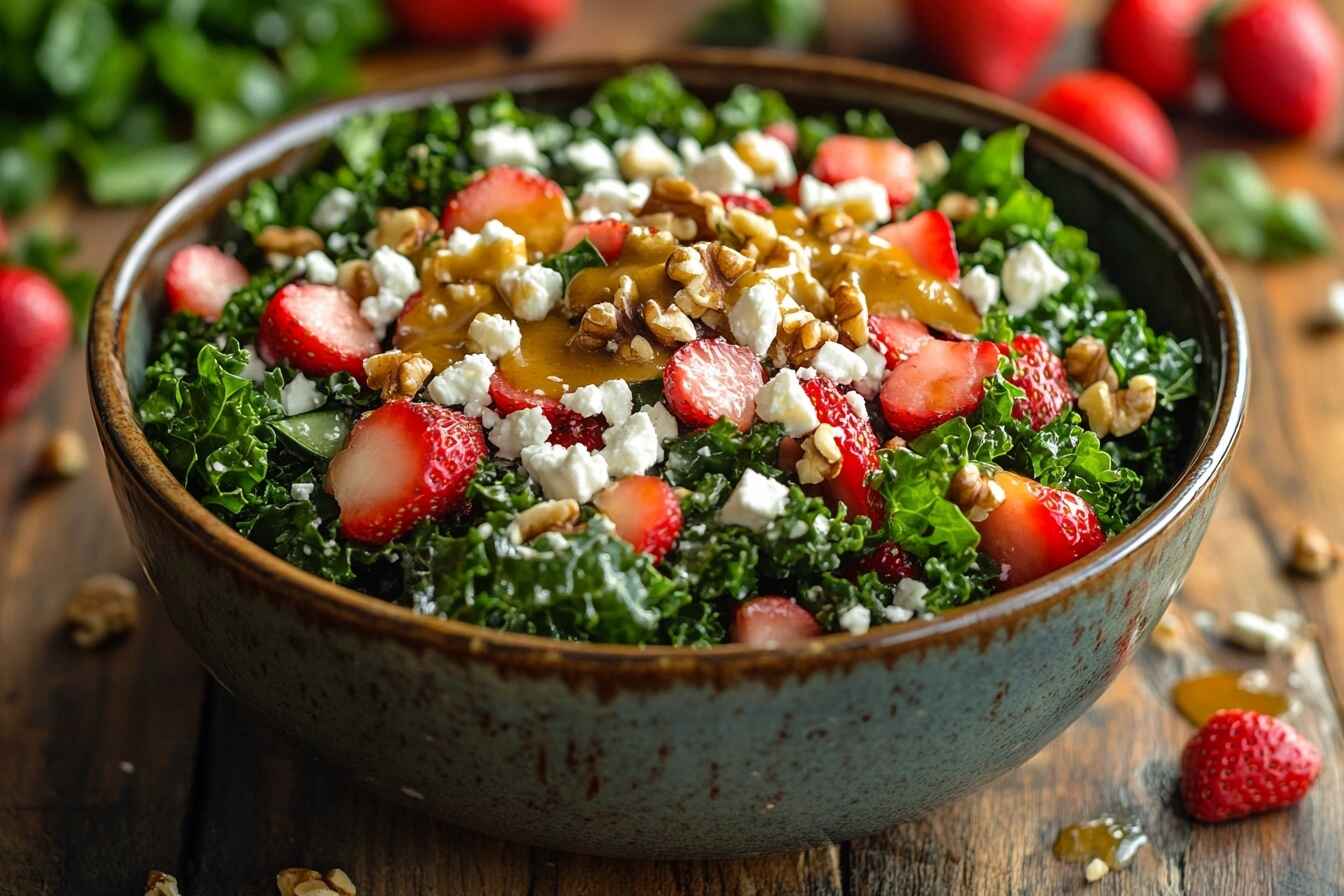 A bowl of sweet greens salad with kale, strawberries, walnuts, and feta cheese on a rustic table