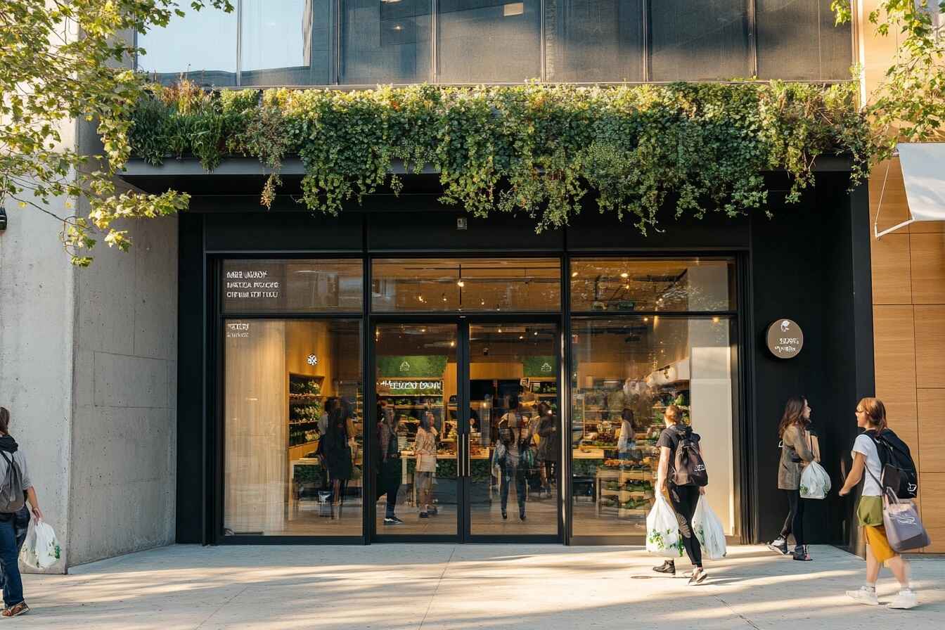 Exterior of a Sweetgreen store with greenery and urban surroundings