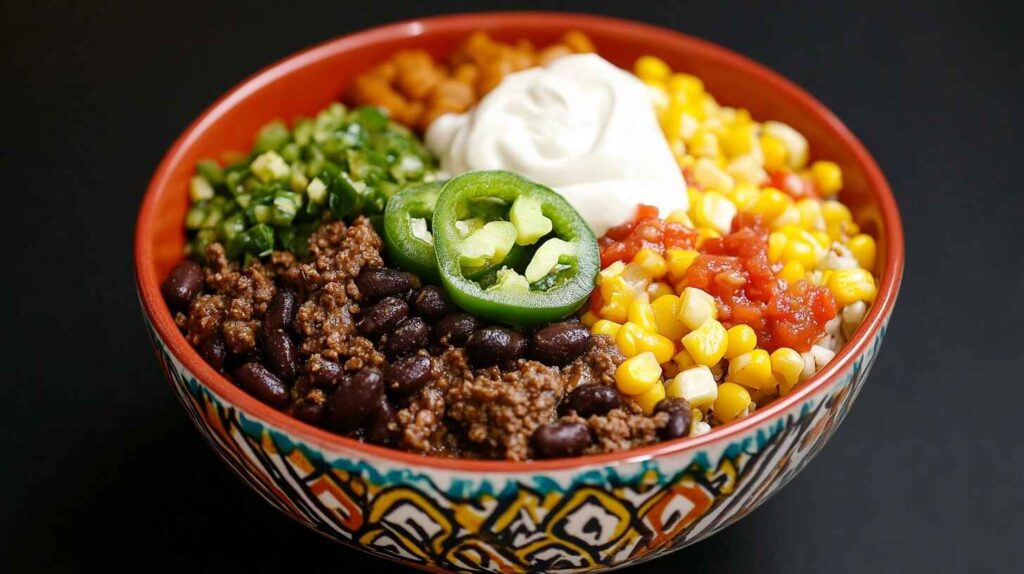 Tex-Mex burger bowl with seasoned beef, black beans, and corn