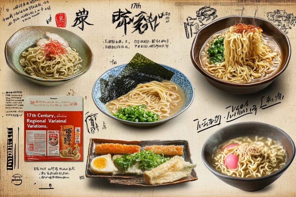 A collage showing the evolution of ramen from traditional Chinese noodles to instant noodles