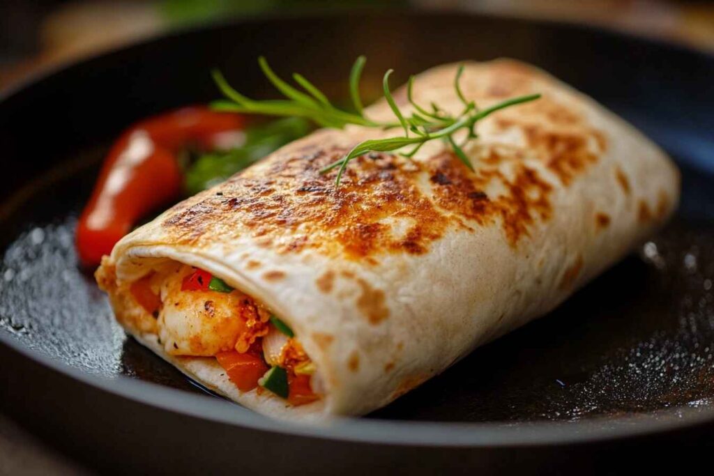 A burrito on a skillet being toasted to a crispy golden brown