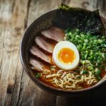 A bowl of traditional Japanese ramen with broth, fresh noodles, boiled egg, pork slices, green onions, and seaweed