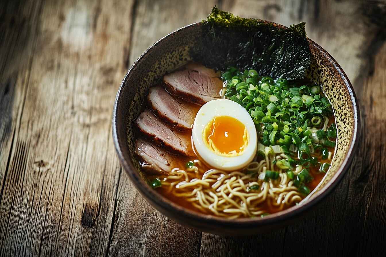 A bowl of traditional Japanese ramen with broth, fresh noodles, boiled egg, pork slices, green onions, and seaweed