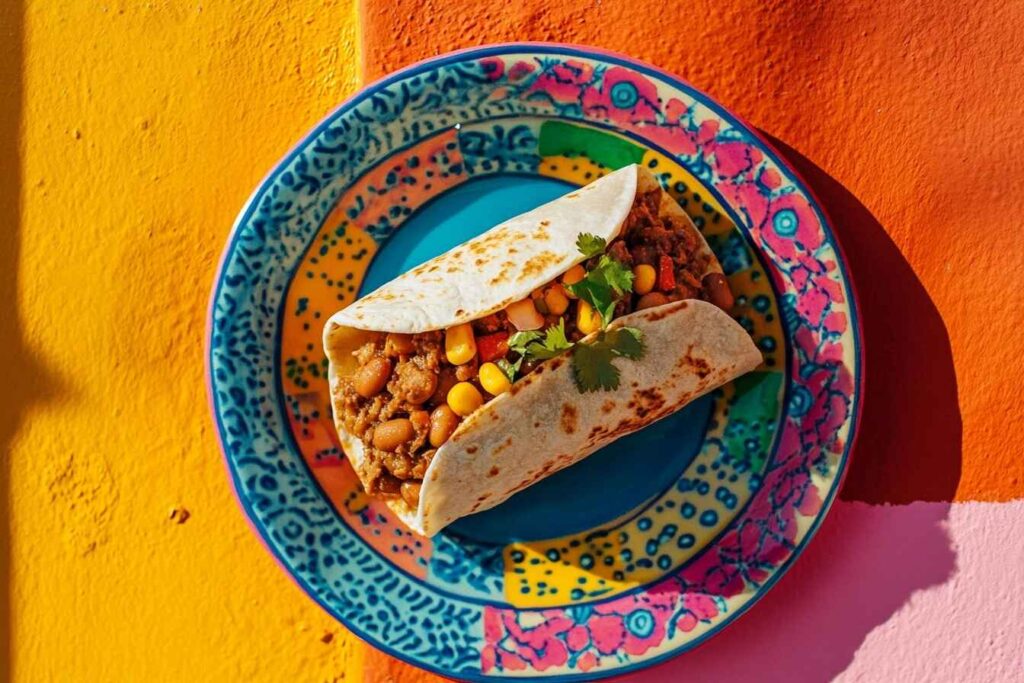 Traditional Mexican burrito with beans and meat served on a ceramic plate. 