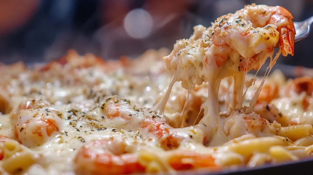 Shrimp pasta casserole with melted cheese and breadcrumbs