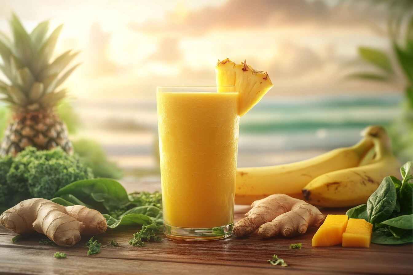 A glass of Detox Island Green smoothie surrounded by fresh spinach, kale, mango, pineapple, banana, and ginger