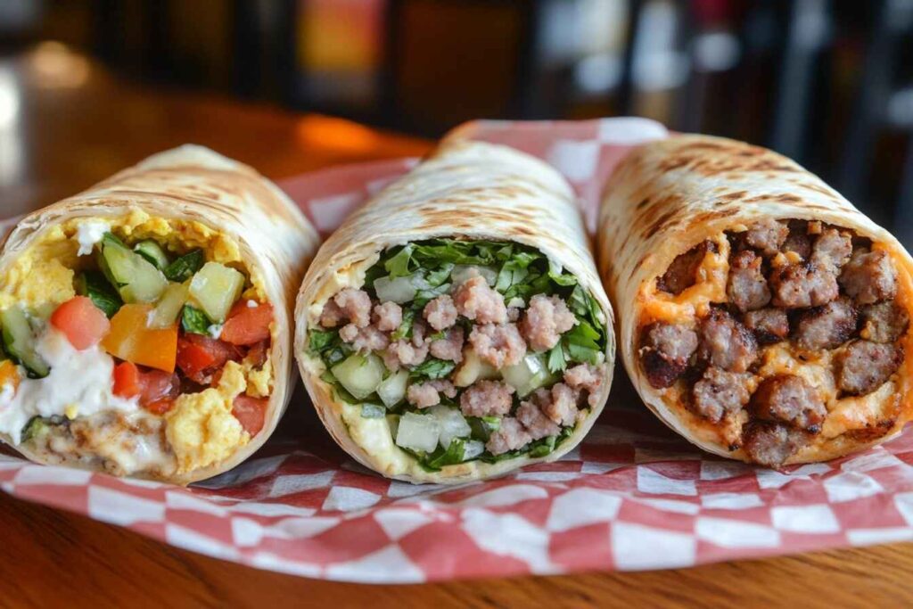 Variety of breakfast burritos with different fillings.