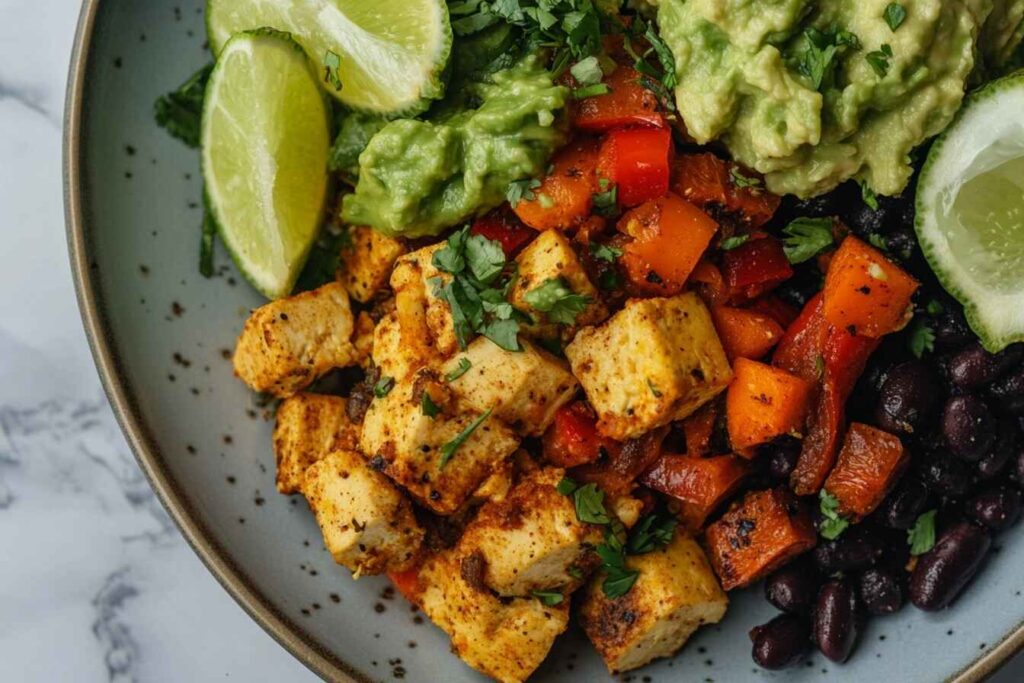 Vegan breakfast burrito with tofu and vegetables on a plate.