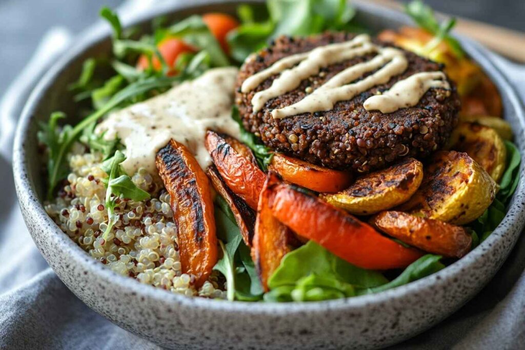 A vegan burger bowl featuring a black bean patty, quinoa, roasted vegetables, and tahini.