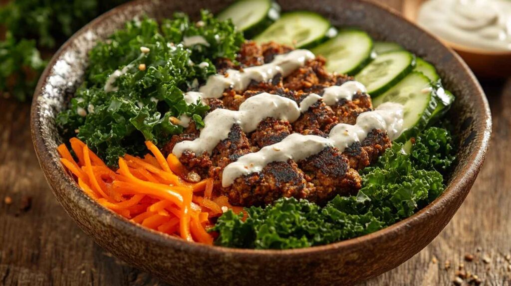 Vegan burger bowl with plant-based protein, kale, carrots, and tahini dressing