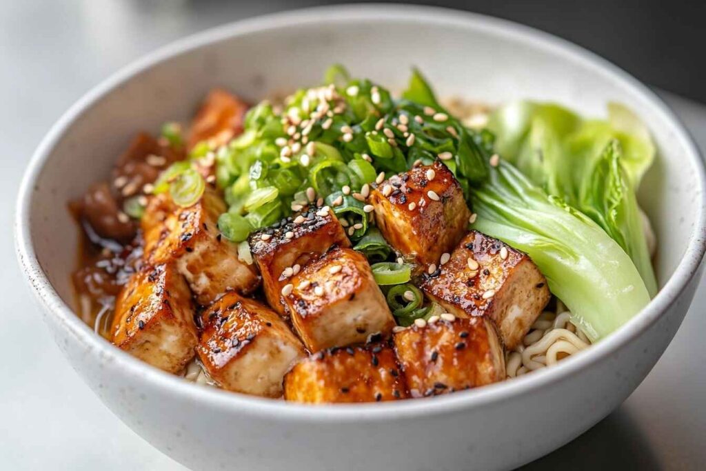 A vegetarian ramen bowl with miso broth, tofu, mushrooms, and bok choy