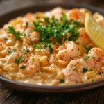 Shrimp pasta with creamy sauce, parsley garnish, and lemon wedge.