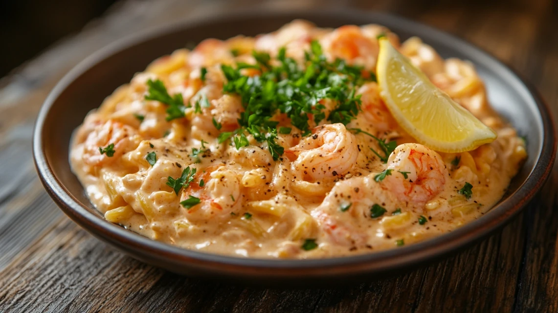 Shrimp pasta with creamy sauce, parsley garnish, and lemon wedge.