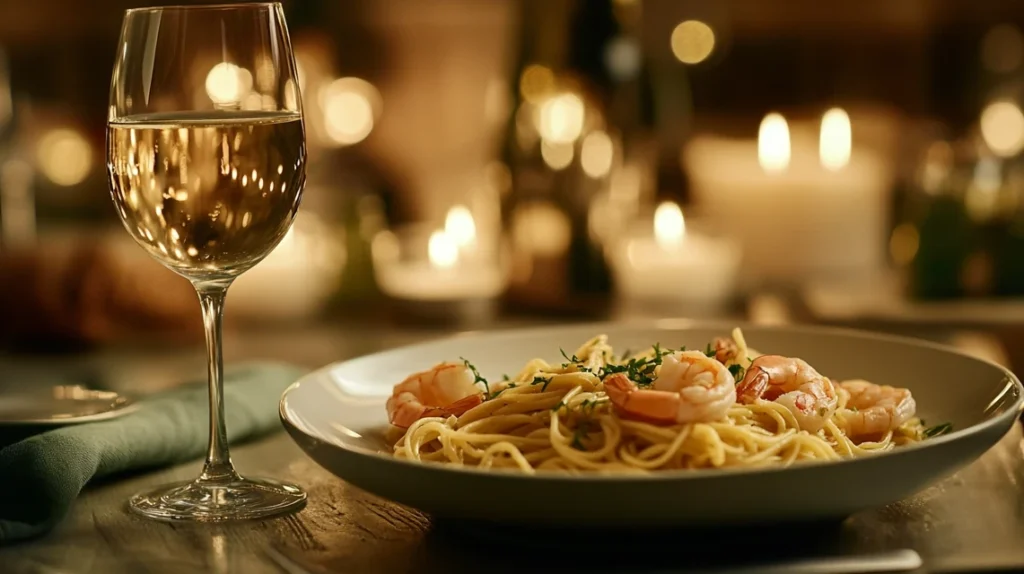 White wine glass next to shrimp pasta on a candlelit dining table