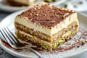 A single slice of pistachio tiramisu on a white plate, with layers of pistachio cream and coffee-soaked ladyfingers, dusted with cocoa powder