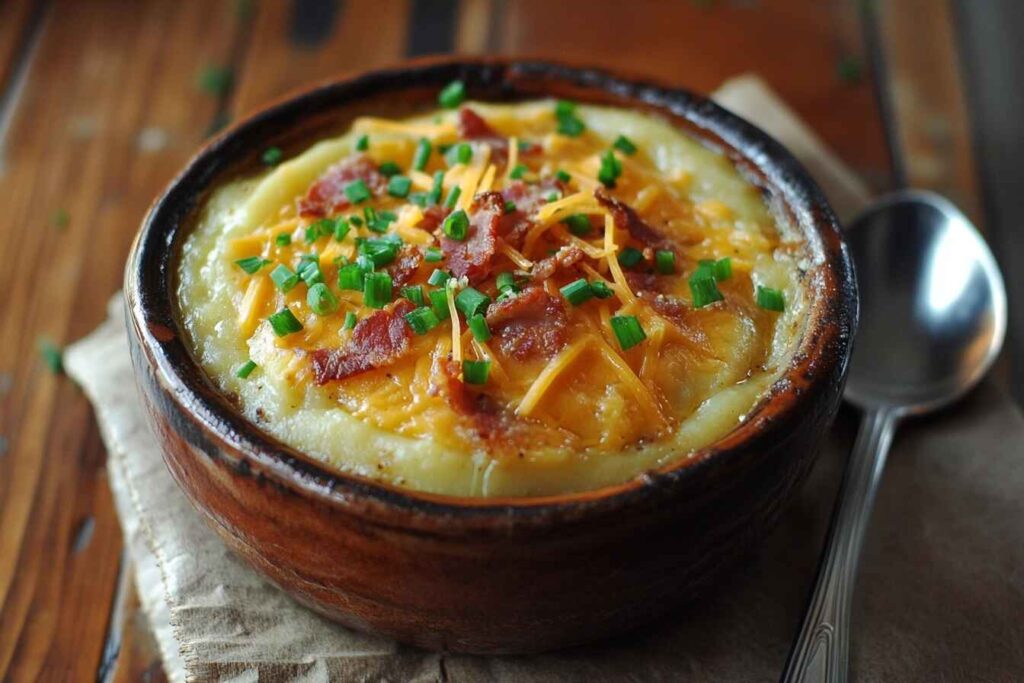 Creamy potato soup in a rustic bowl, topped with bacon, cheese, and chives.
