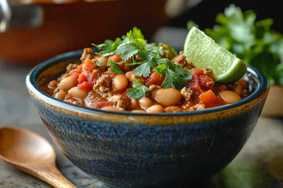 A steaming bowl of low sodium turkey chili with beans, tomatoes, and turkey, garnished with cilantro and lime
