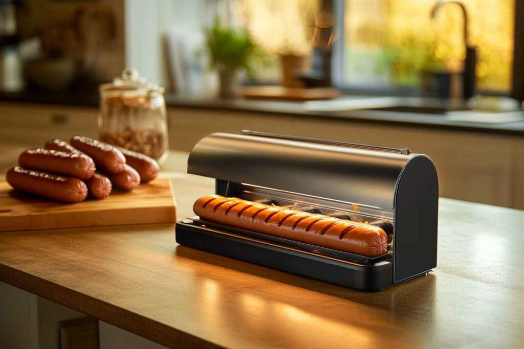 A stainless steel hotdog roller cooking multiple hotdogs on a kitchen countertop with steam rising