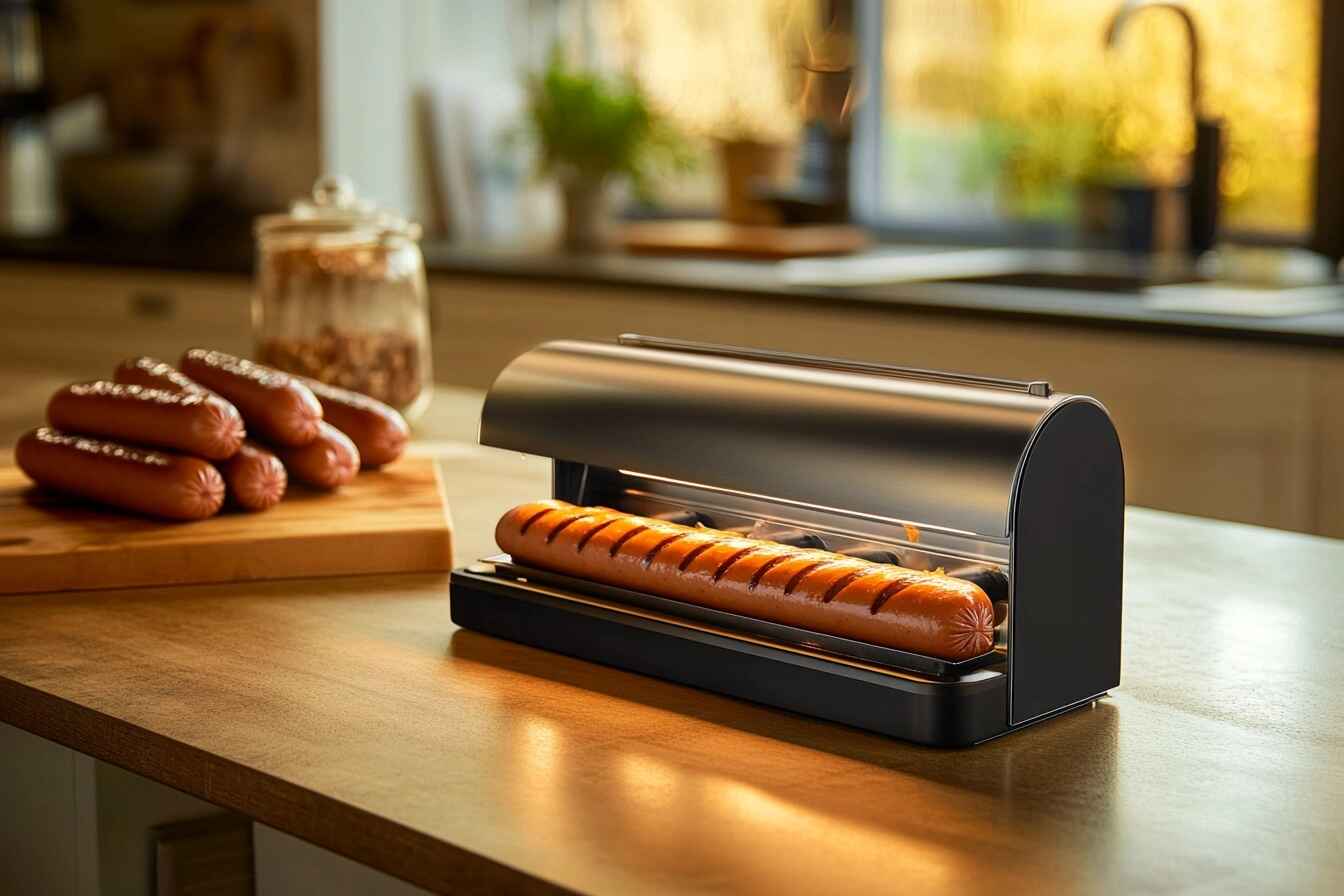 A stainless steel hotdog roller cooking multiple hotdogs on a kitchen countertop with steam rising