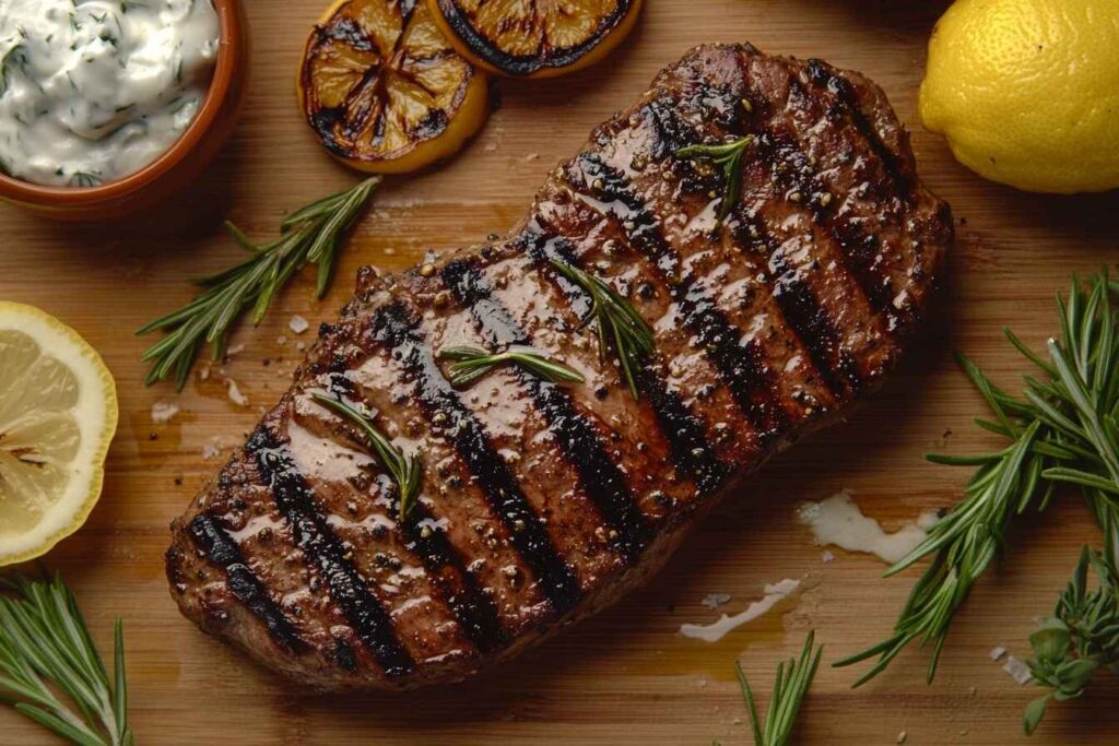 A perfectly grilled Mediterranean steak with rosemary and lemon on a wooden board, served with tzatziki sauce