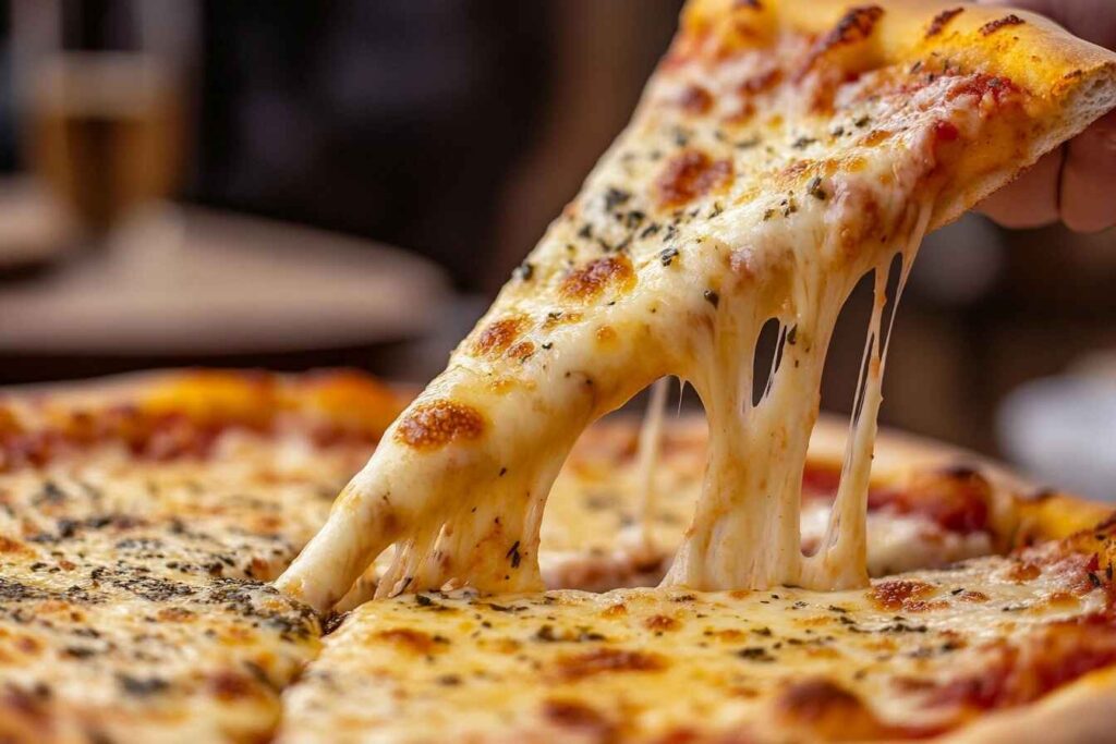 Close-up of a cheesy pizza with a golden crust, gooey melted cheese stretching as a slice is pulled away