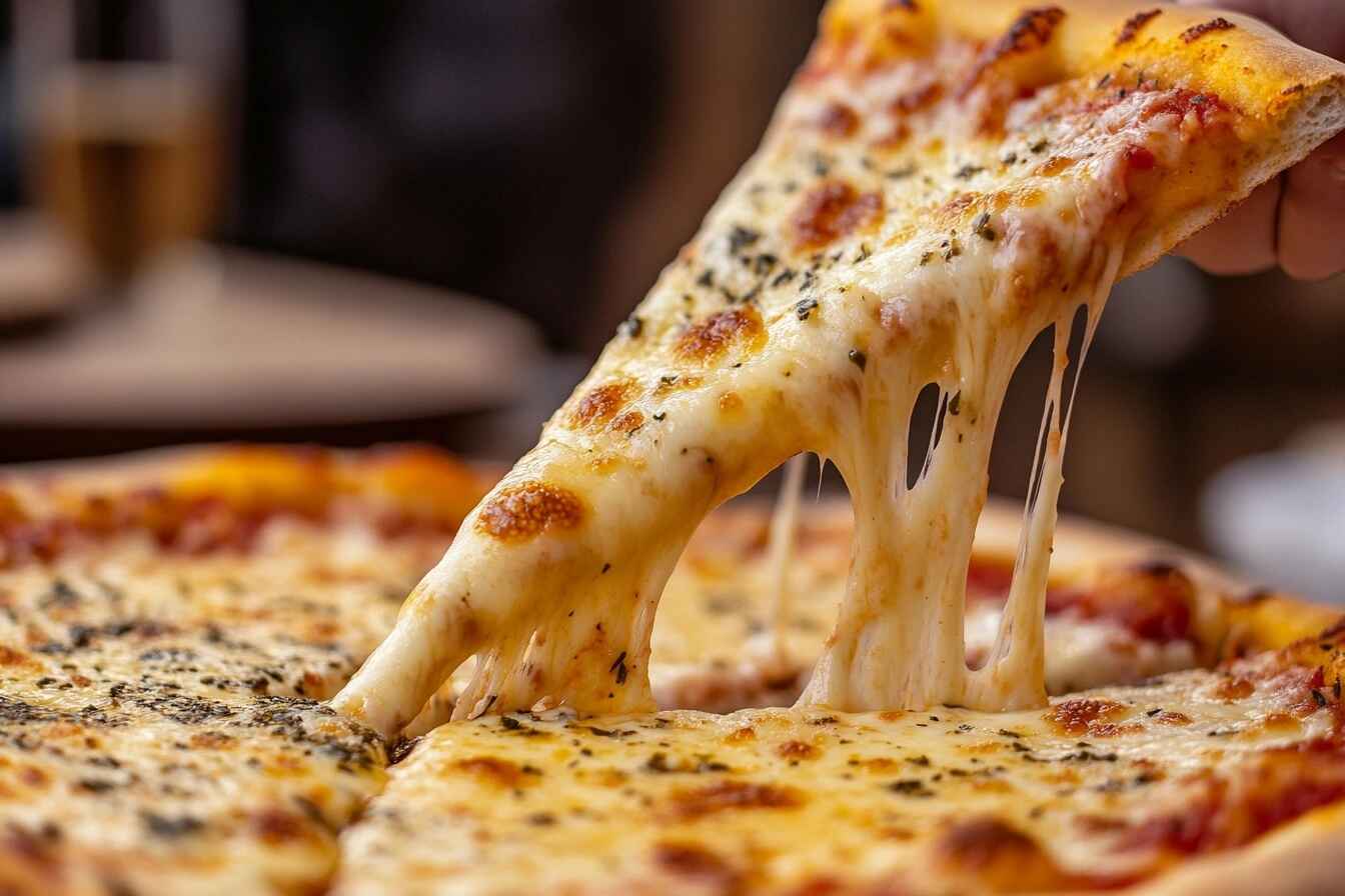 Close-up of a cheesy pizza with a golden crust, gooey melted cheese stretching as a slice is pulled away